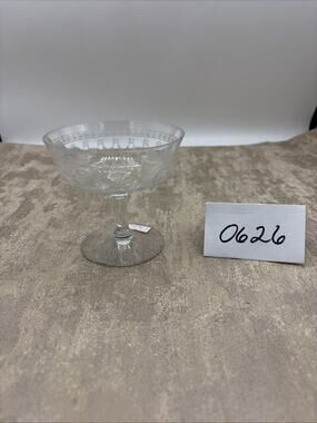 Vintage Champagne Coupe Glass With Delicate Etched Geometrical Pattern 3.5” Tall